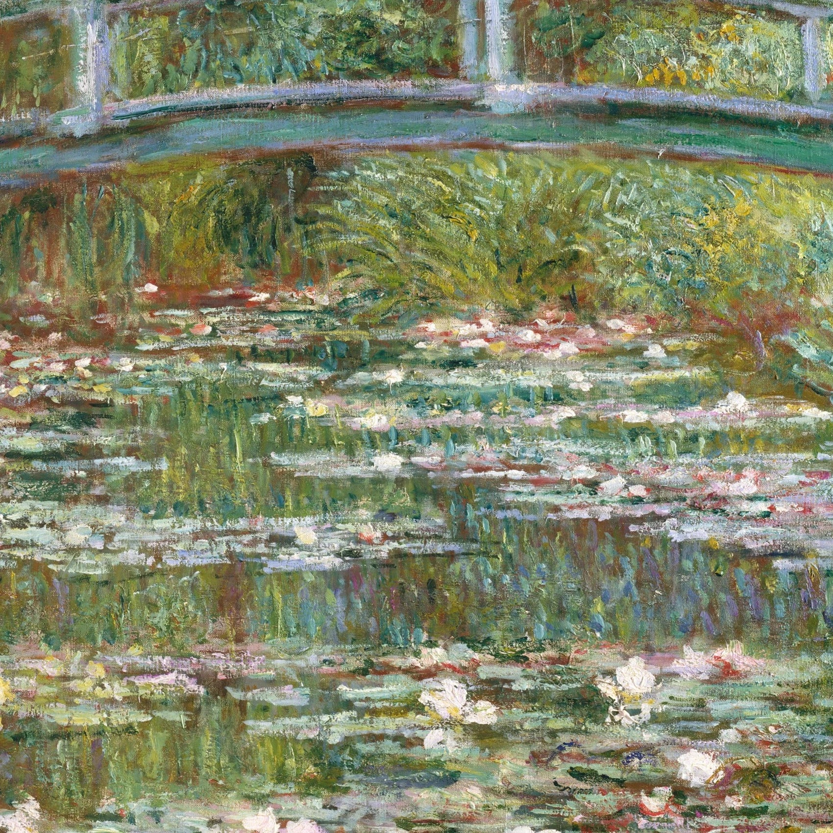 Détail des fleurs, reflets et ombres sous le pont dans le tableau de Monet W1518