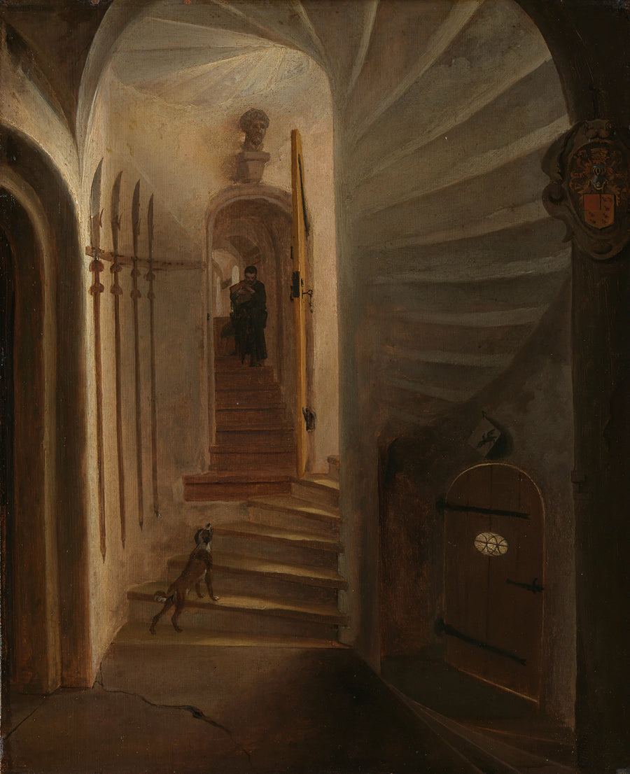 Portail dans une tour d'escalier avec un homme descendant, probablement la situation juste avant l'attaque du prince Willem I au Prinsenhof à Delft - Egbert van der Poel