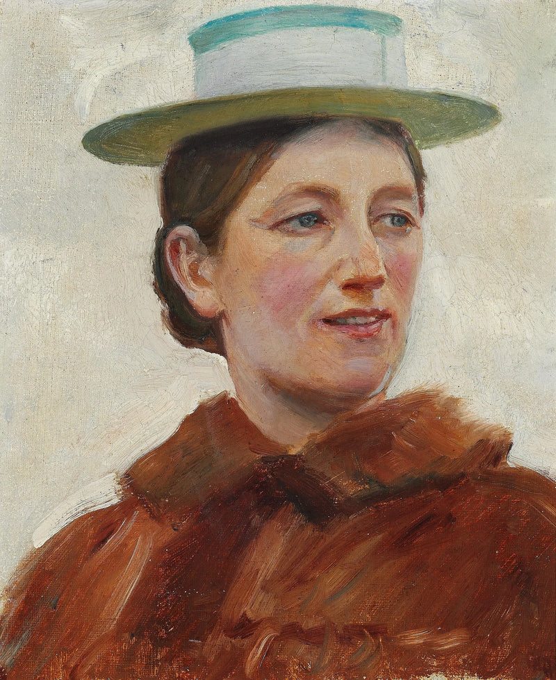 Portrait d'Anna Ancher portant un chapeau de paille à rayures vertes. - Michael Peter Ancher