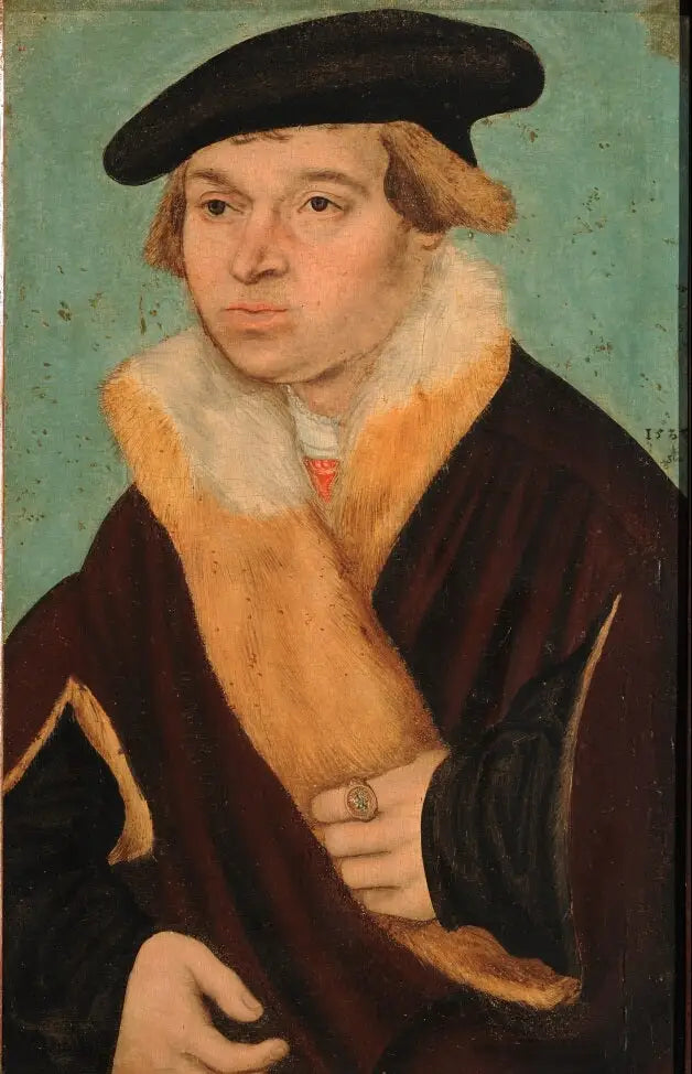 Portrait d'un jeune homme rasé de près dans un manteau garni de fourrure lumière - Lucas Cranach the Elder image 1 tableau peint à l’huile sur toile