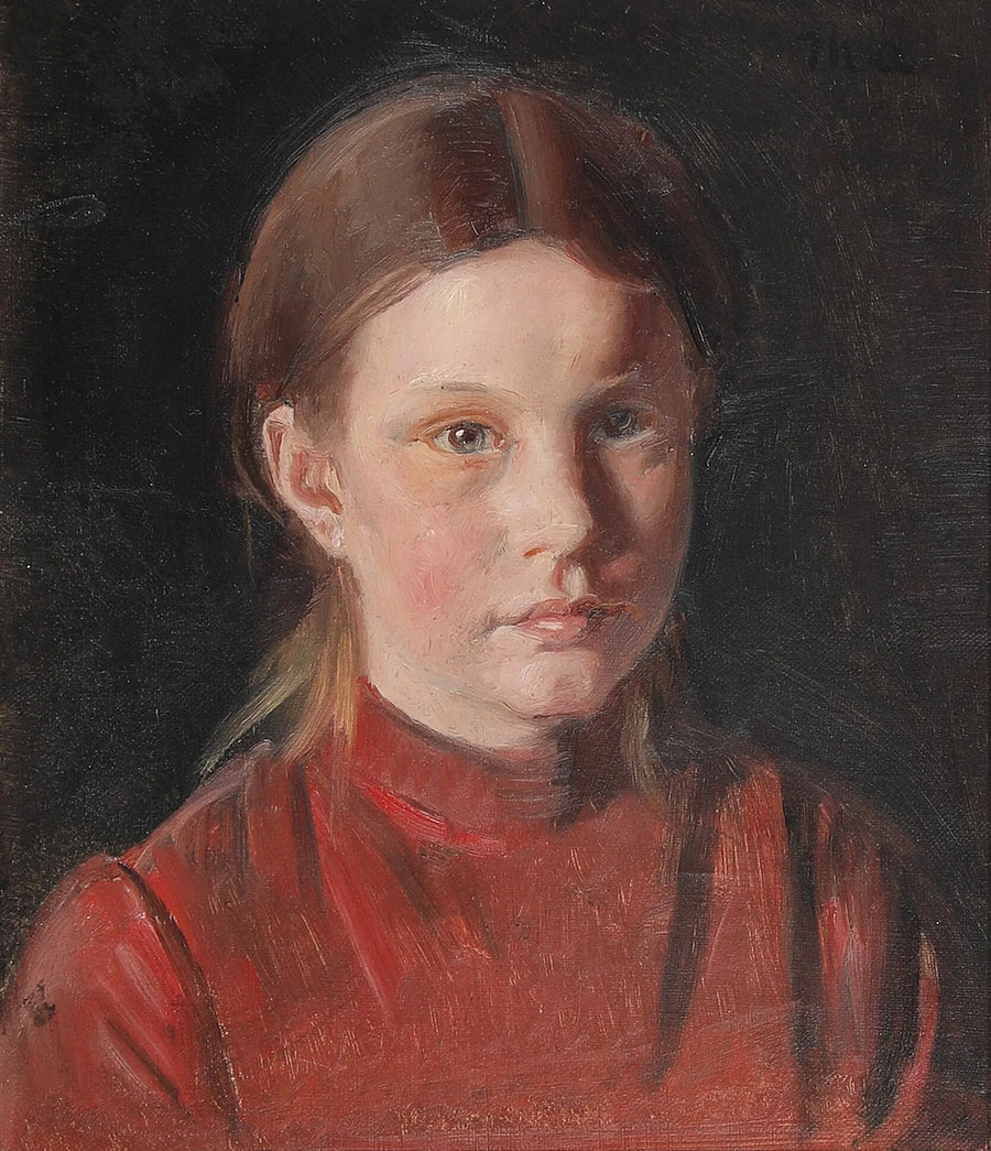 Portrait d'une petite fille en robe rouge. - Michael Peter Ancher