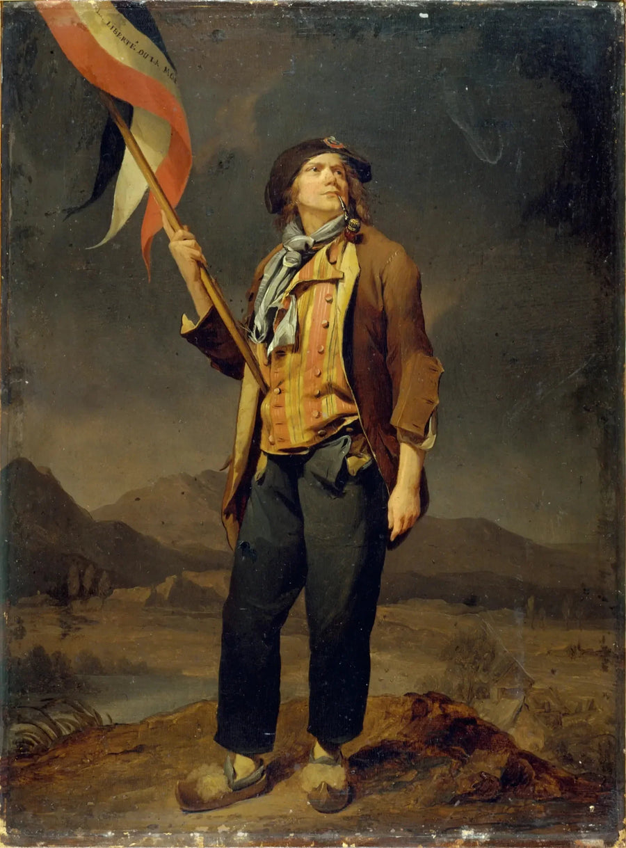 بورتريه للمطرب سيمون شينارد (1758-1832)، مرتديًا زي السان-كولوت، يحمل علمًا في احتفال حرية سافوي، في 14 أكتوبر 1792 - لويس-ليوبول بويي
