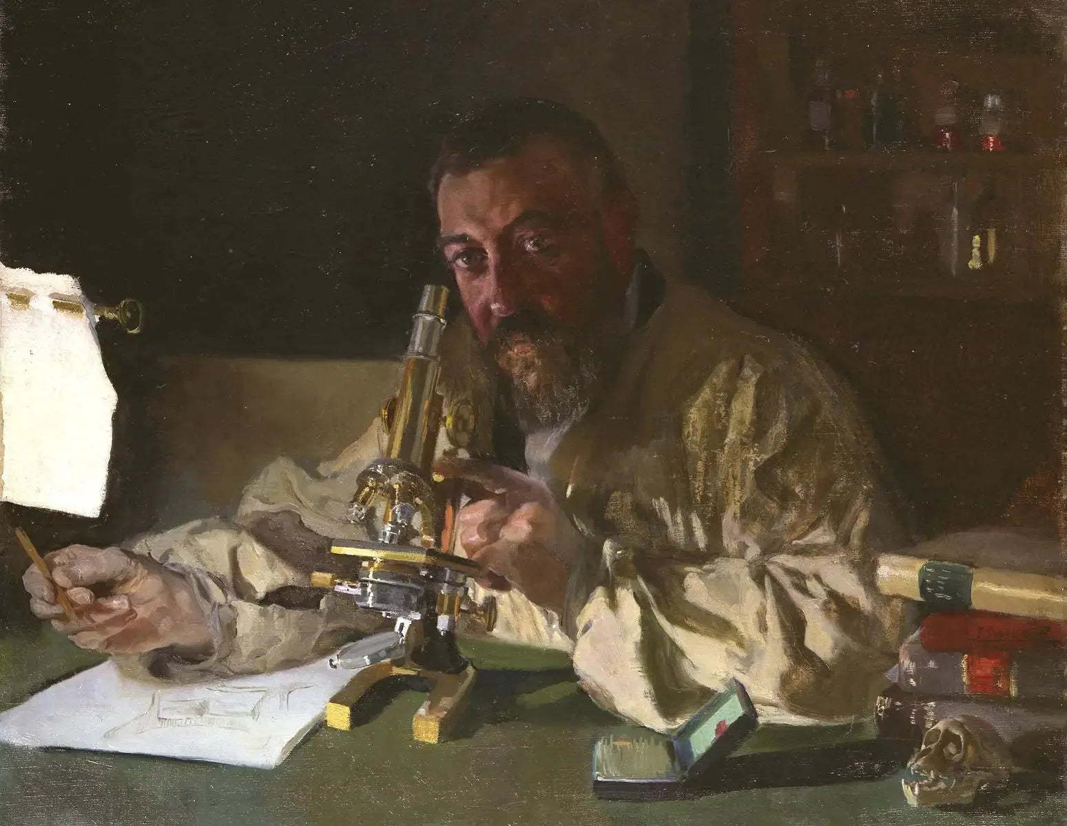 Portrait du Dr Simarro au microscope - Joaquín Sorolla image 1 reproduction de peinture à l’huile