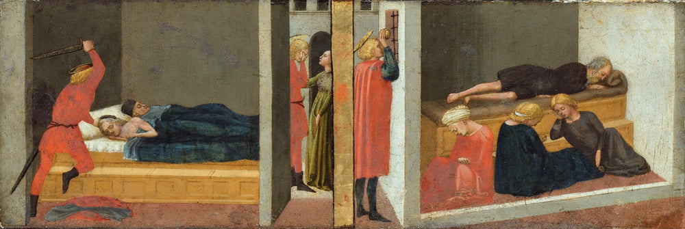 Prédelle d'autel ; Panneau de droite : Le parricide de saint Julien - Le miracle de saint Nicolas de Bari - Masaccio image 1 copie de tableau peinte à la main