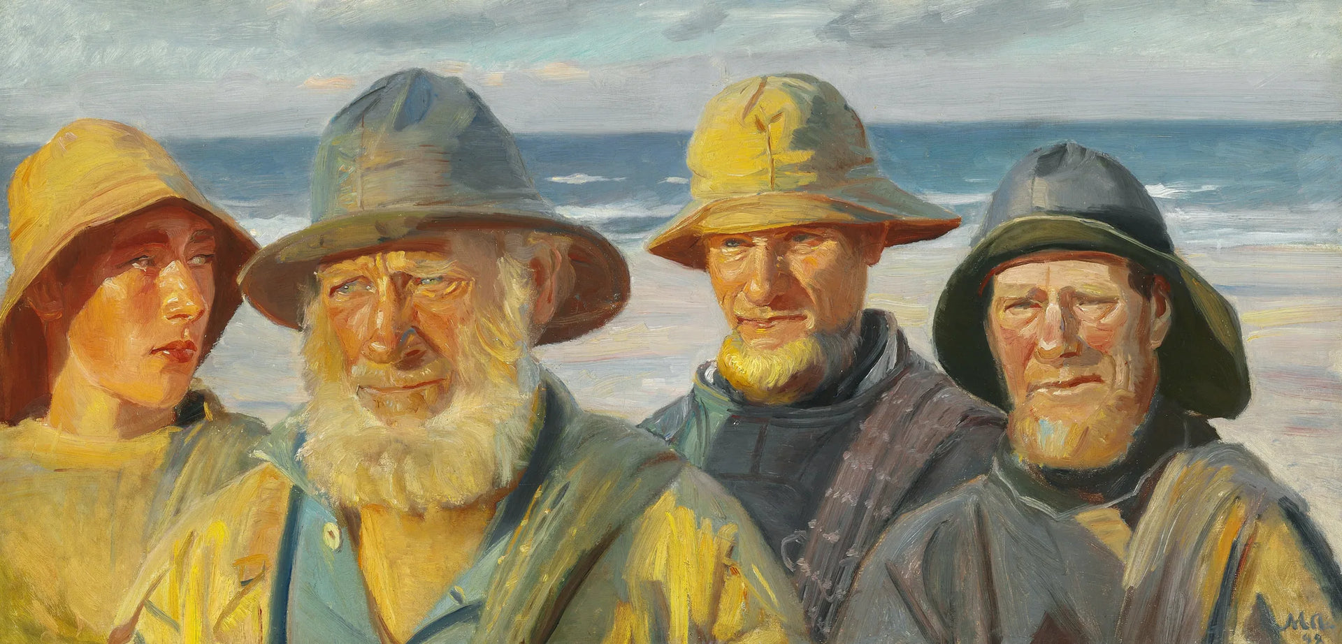 Quatre pêcheurs se tiennent au soleil sur la plage de Skagen - Michael Peter Ancher image 1 reproduction de peinture à l’huile