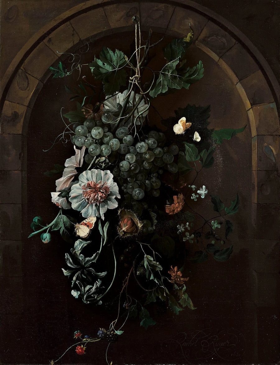 Guirlande de fruits et de fleurs devant une arche de pierre - Rachel Ruysch