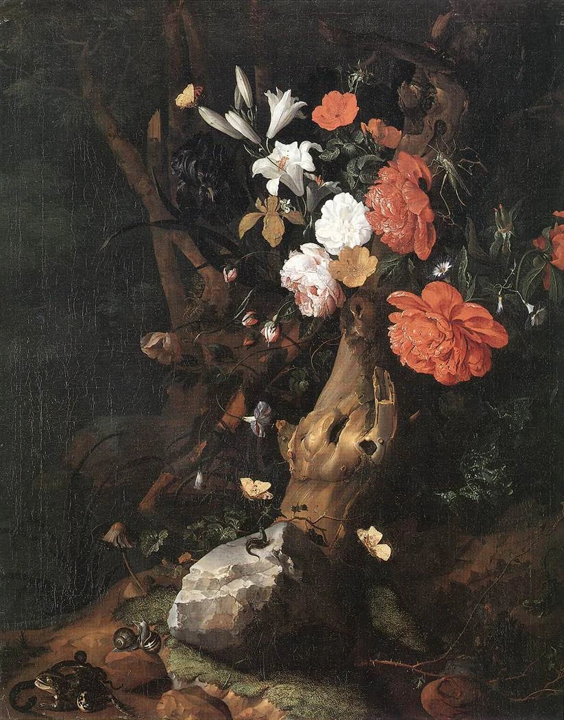 Fleurs sur un tronc d’arbre - Rachel Ruysch