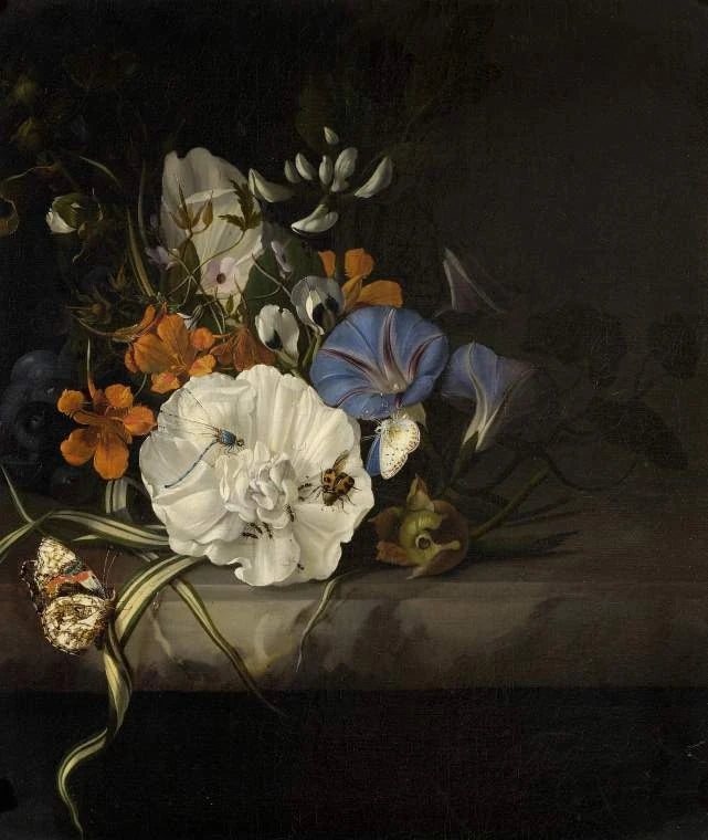 Branche fleurie, insectes et papillons sur une dalle de marbre, peinture de Rachel Ruysch