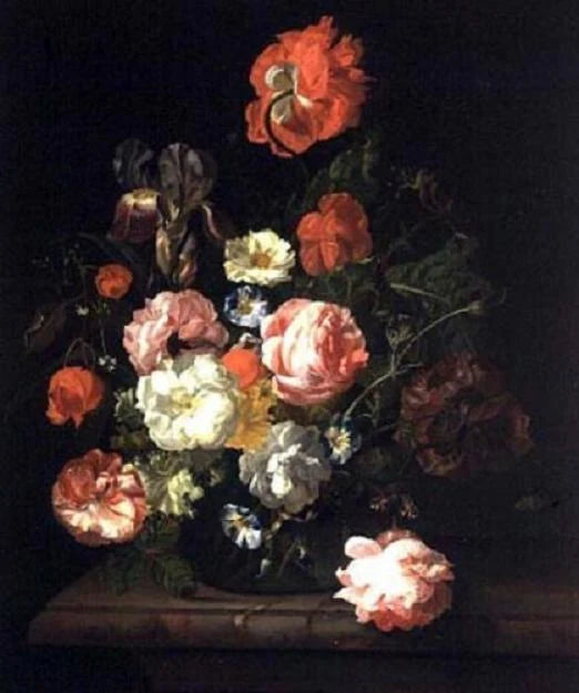 Fleurs dans un vase de verre sur une dalle de marbre - Rachel Ruysch