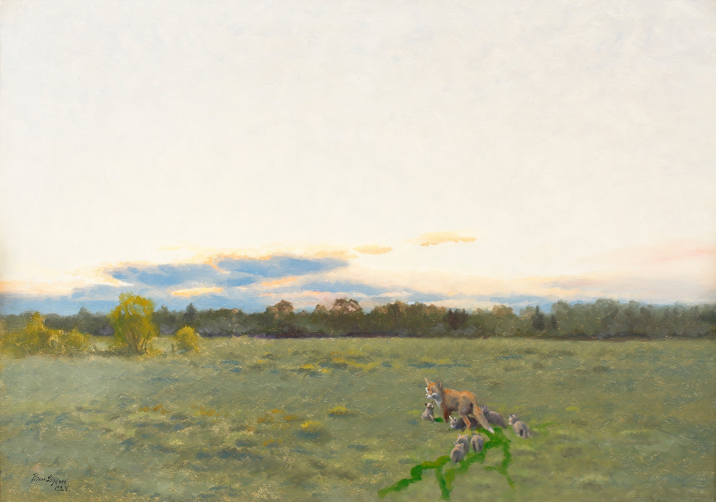 Renard et ses petits dans la prairie - Bruno Liljefors