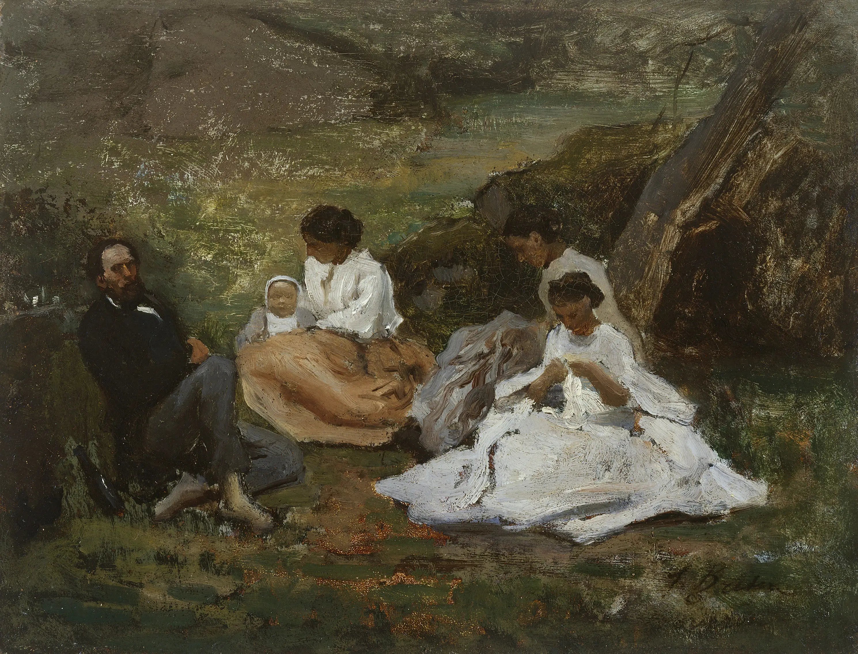 Réunion de famille à Bourron-Marlotte (Théodore de Banville dans la forêt de Fontainebleau) - Jules Breton image 1 reproduction de peinture à l’huile