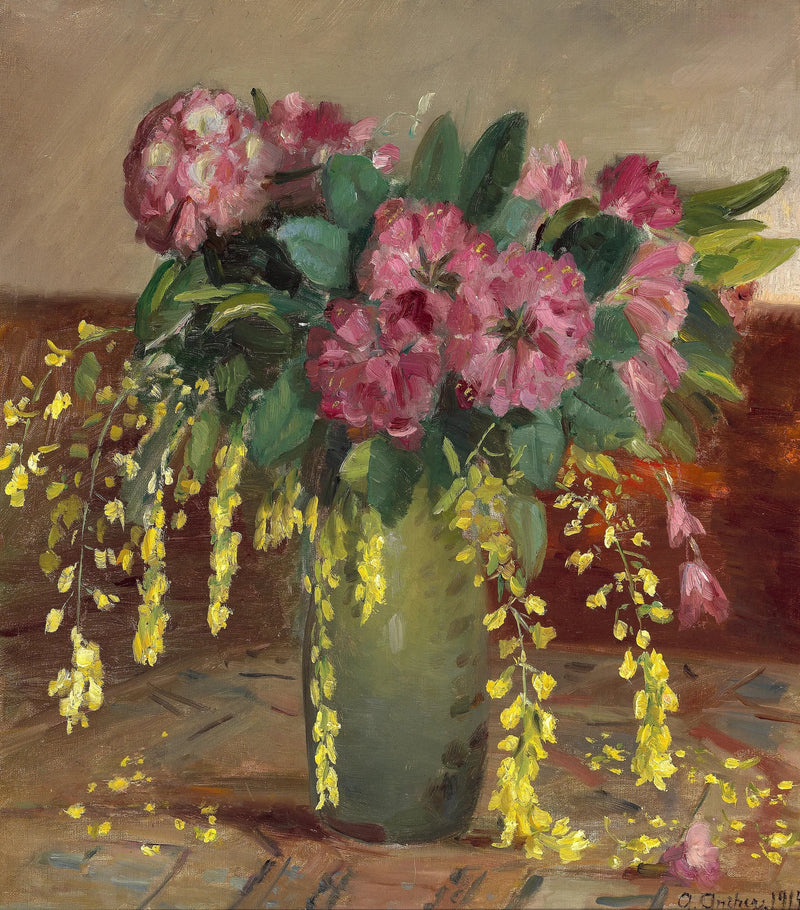 Rhododendrons roses et cytise dans un vase vert - Anna Ancher