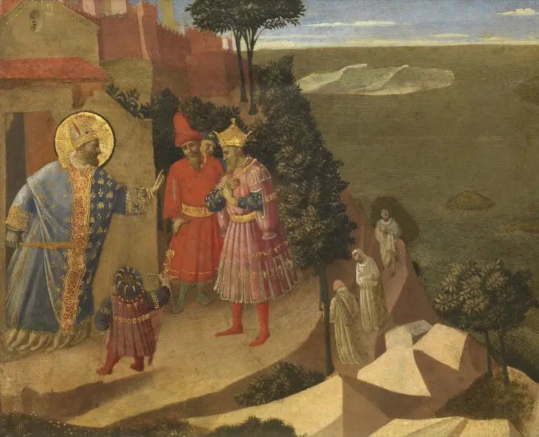 سانت روموالد يمنع دخول الإمبراطور أوتون الثالث إلى الدير، مقتطف من لوحة مقطوعة تمثل مشاهد من التيبايد - فرا أنجيلكو