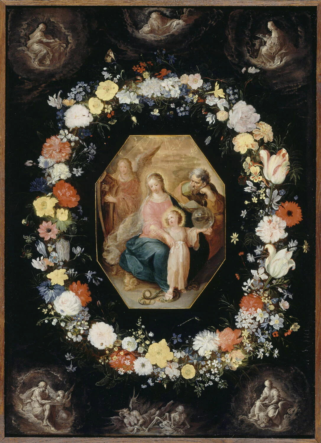 La Sainte Famille entourée d'une guirlande de fleurs, avec les quatre Évangélistes aux angles - Frans II Francken