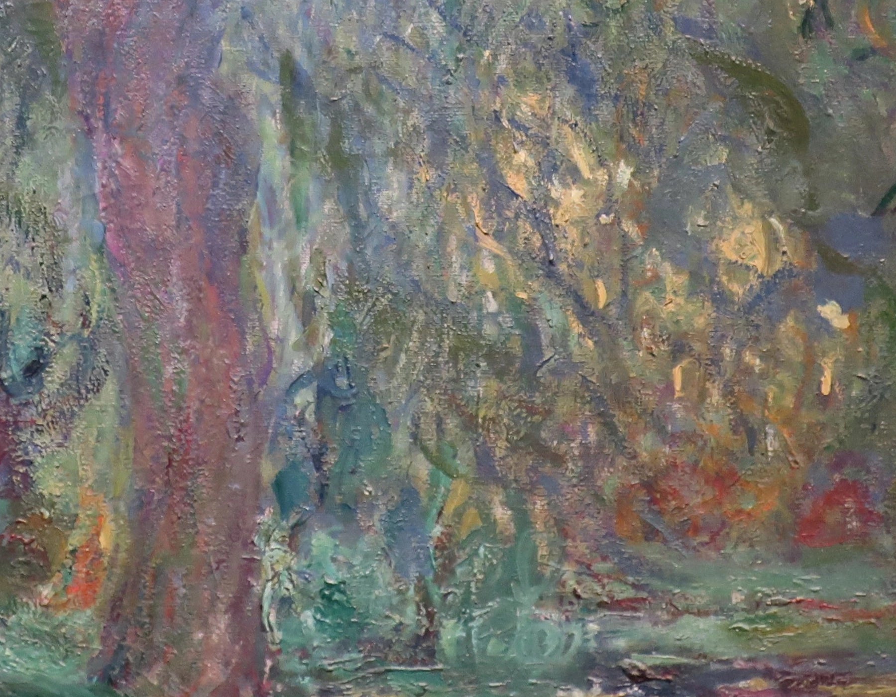 Détail des touches jaunes et des reflets du Saule pleureur W1877 de Claude Monet