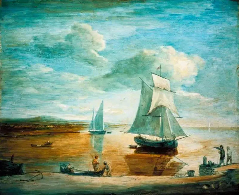 Scène côtière avec des bateaux à voile et à rames et des personnages sur le rivage - Thomas Gainsborough image 1 copie de tableau peinte à la main