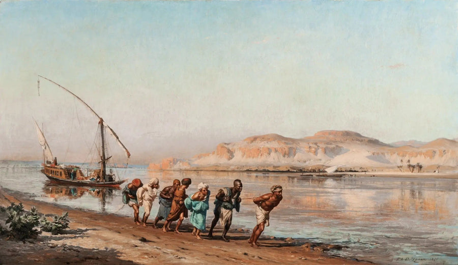 Scène de halage sur le Nil - Frederick Arthur Bridgman image 1 copie peinte à la main à l’huile