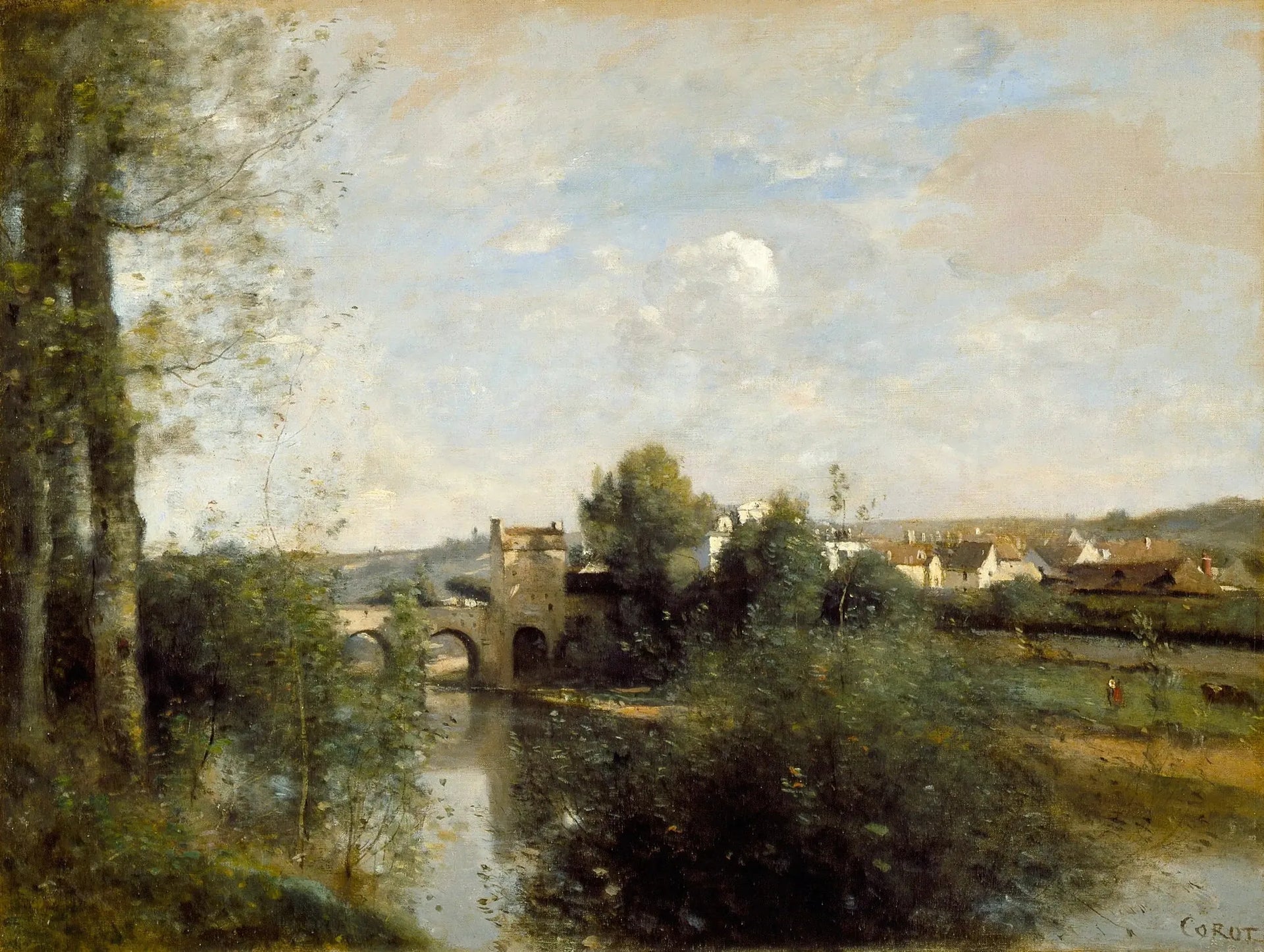 Seine et vieux pont à Limay - Jean-Baptiste Camille Corot image 1 copie peinte à la main à l’huile