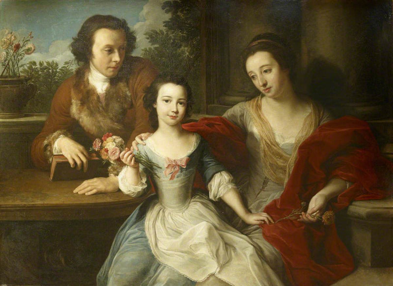 توماس باريت-لينارد (1717–1786)، المستقبلي اللورد دكر السابع عشر، مع زوجته، آنا ماريا برات (توفيت عام 1806)، وابنتهما، باربرا آن - بومبيو باتوني