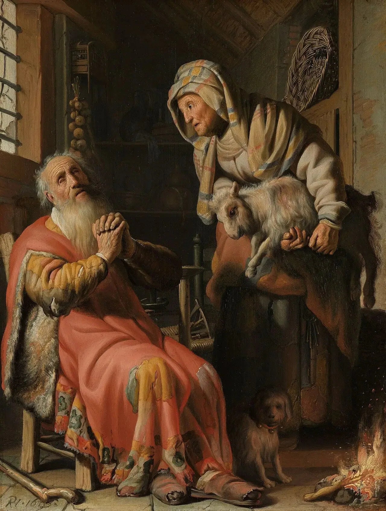 Tobias et Anna avec une petite chèvre - Rembrandt image 1 reproduction artisanale de tableau