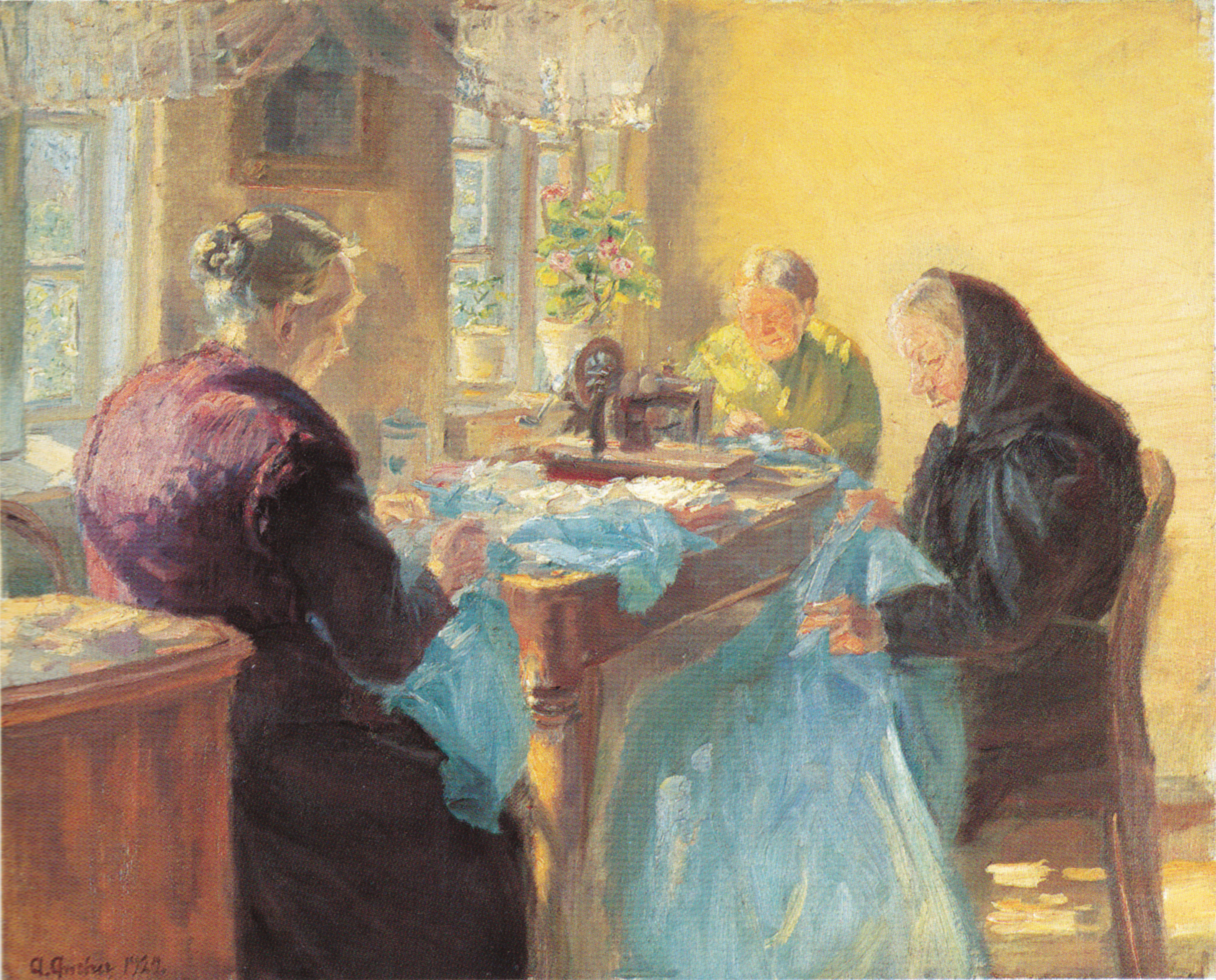 Trois vieilles dames cousent une robe bleue pour un bal costumé. - Anna Ancher image 1 reproduction artisanale de tableau
