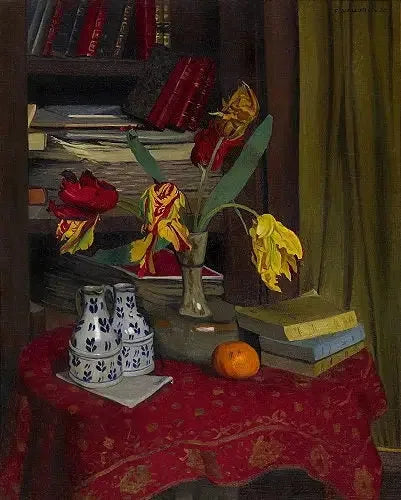 Tulipes perroquet, fond bibliothèque - Félix Vallotton image 1 reproduction d’œuvre d’art à l’huile