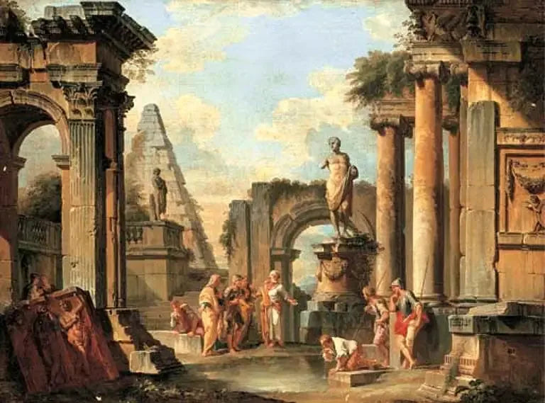 نَزْوَة من الخرائب الكلاسيكية مع ديونيسيوس يرمي كوبَه. - Giovanni Paolo Panini