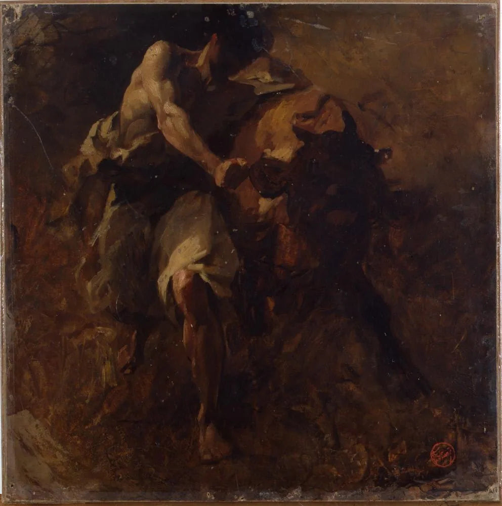 Un croquis (Un homme luttant contre un taureau) - Mariano Fortuny Marsal image 1 reproduction de peinture à l’huile