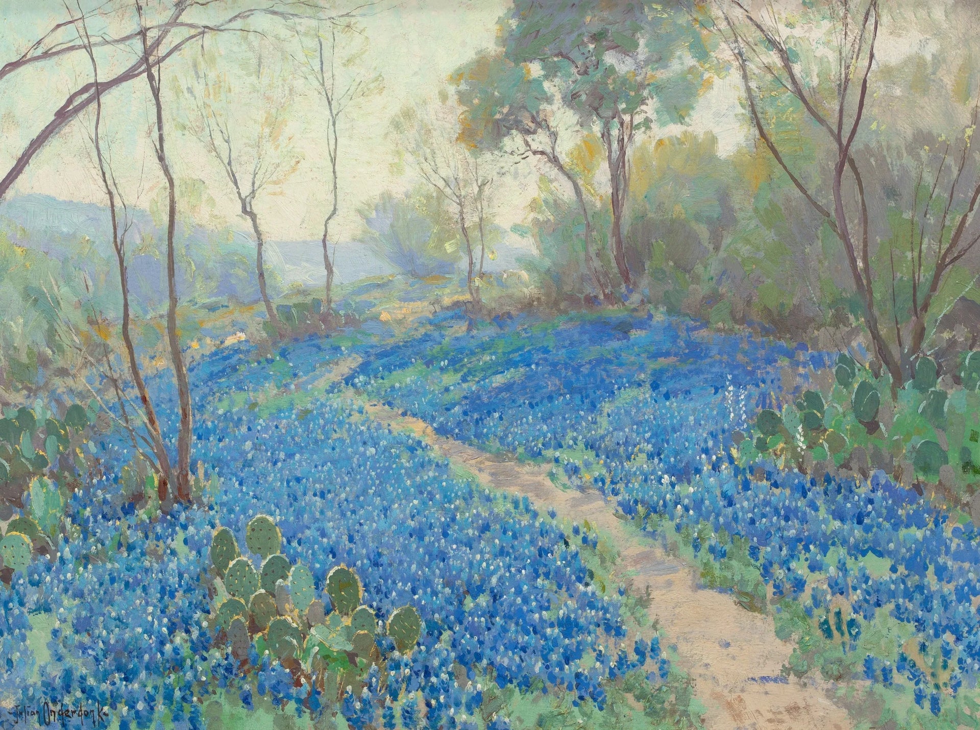 Un flanc de colline couvert de lupins bleus, tôt le matin, près de San Antonio, Texas. - Julian Onderdonk image 1 tableau peint à l’huile sur toile