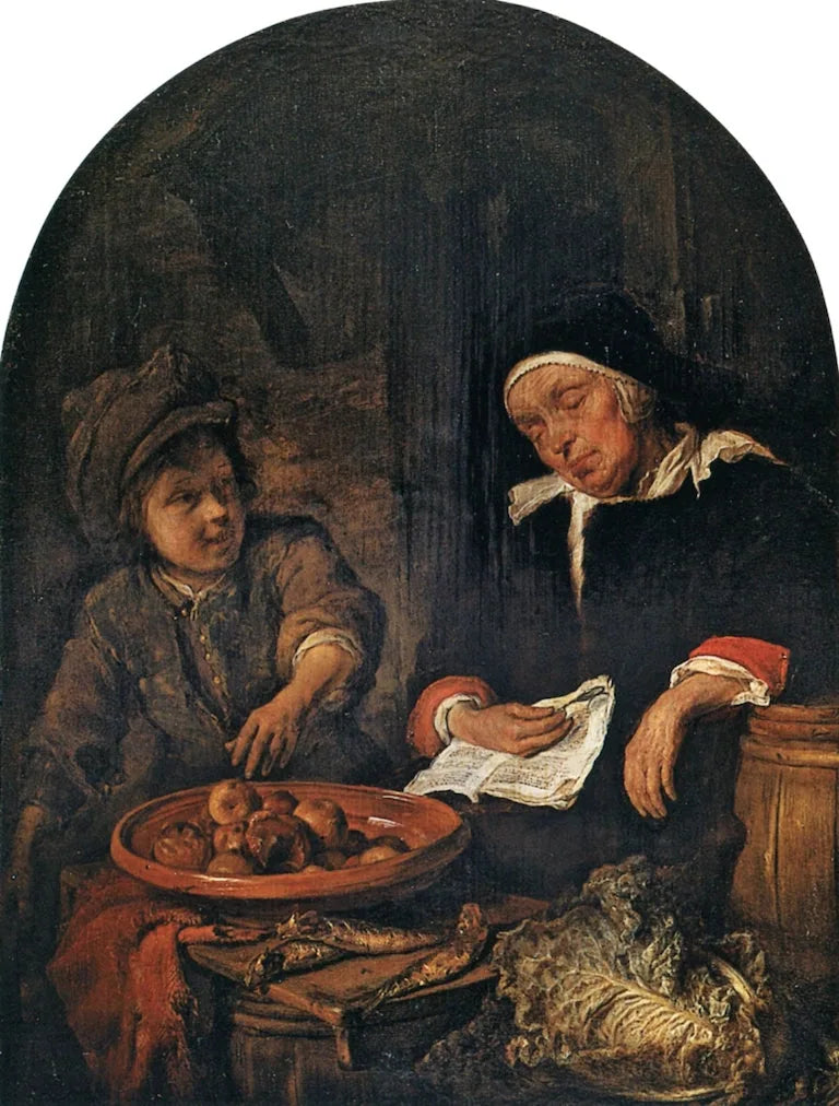 Un garçon vole une pomme à une femme endormie - Gabriel Metsu image 1 reproduction artisanale de tableau
