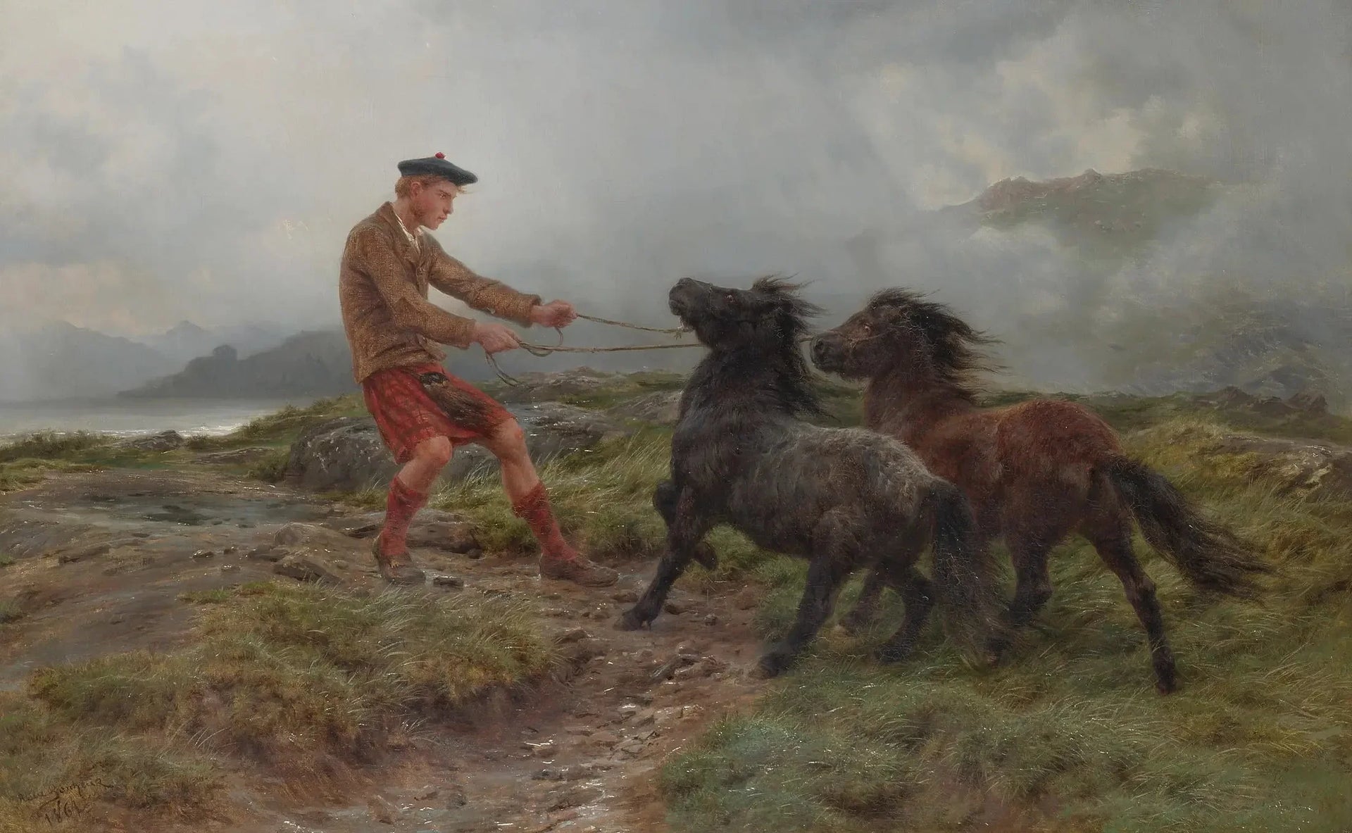 Un ghillie et deux poneys Shetland dans un paysage brumeux - Rosa Bonheur image 1 copie peinte à la main à l’huile