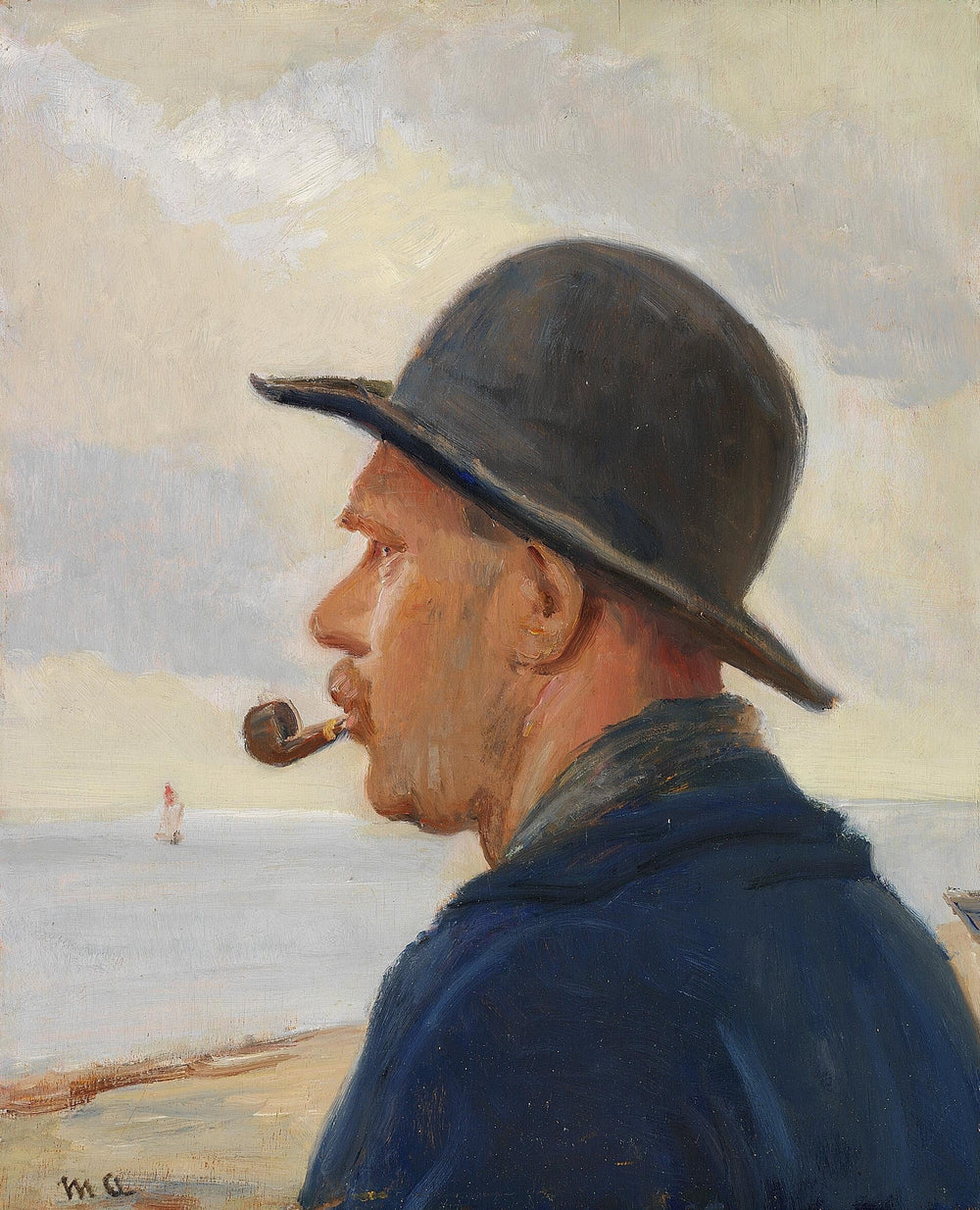 Un homme avec une pipe et un chapeau de feutre sur la plage de Skagen. - Michael Peter Ancher - Alpha Reproduction