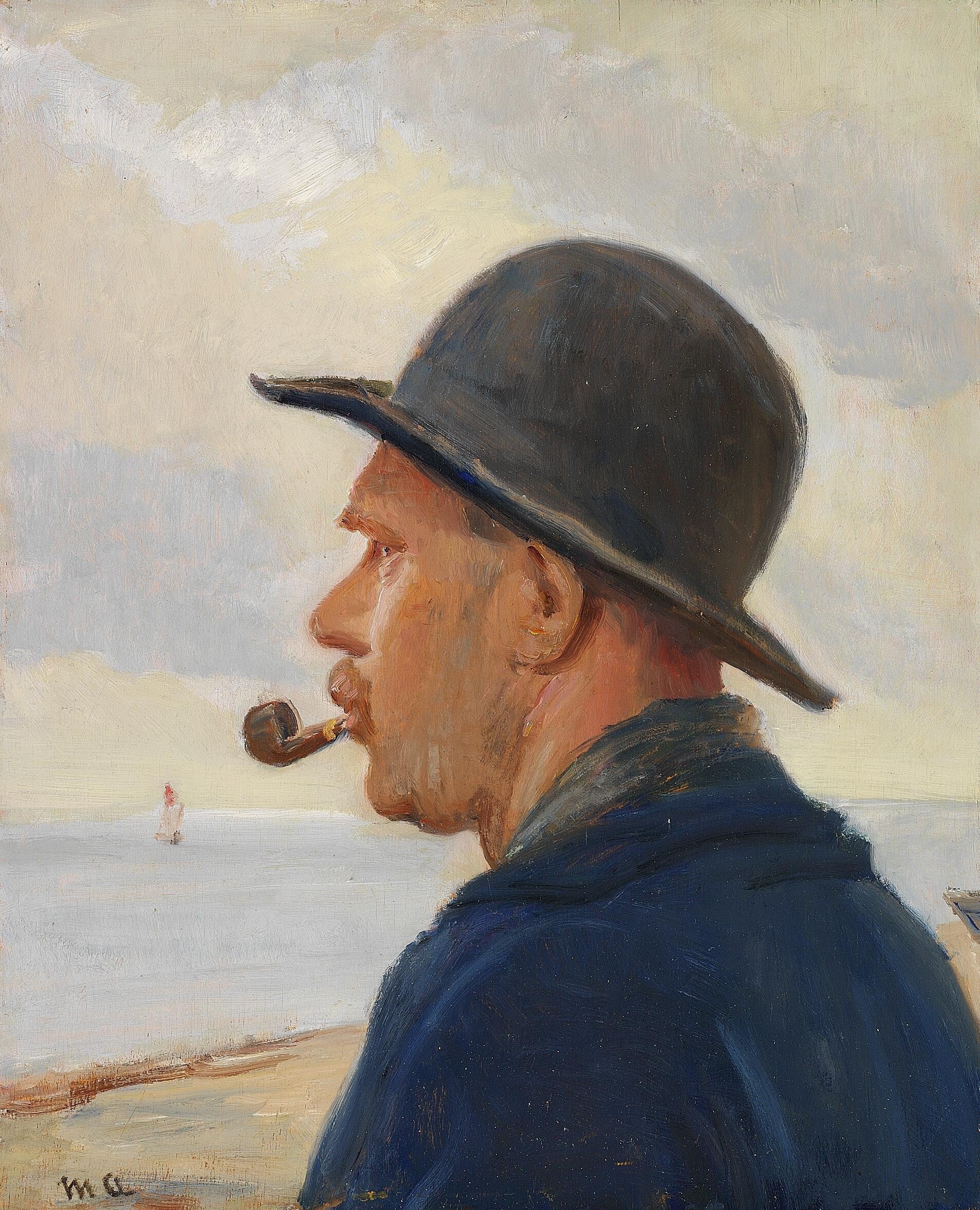 Un homme avec une pipe et un chapeau de feutre sur la plage de Skagen. - Michael Peter Ancher image 1 reproduction artisanale de tableau