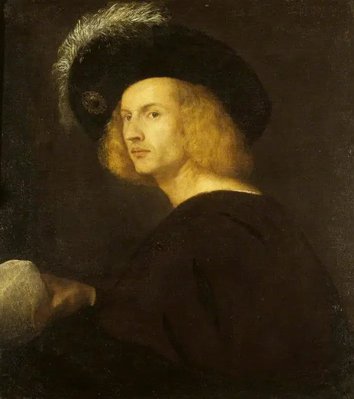 Un homme inconnu portant un chapeau à plumes noires - Titian image 1 reproduction de peinture à l’huile