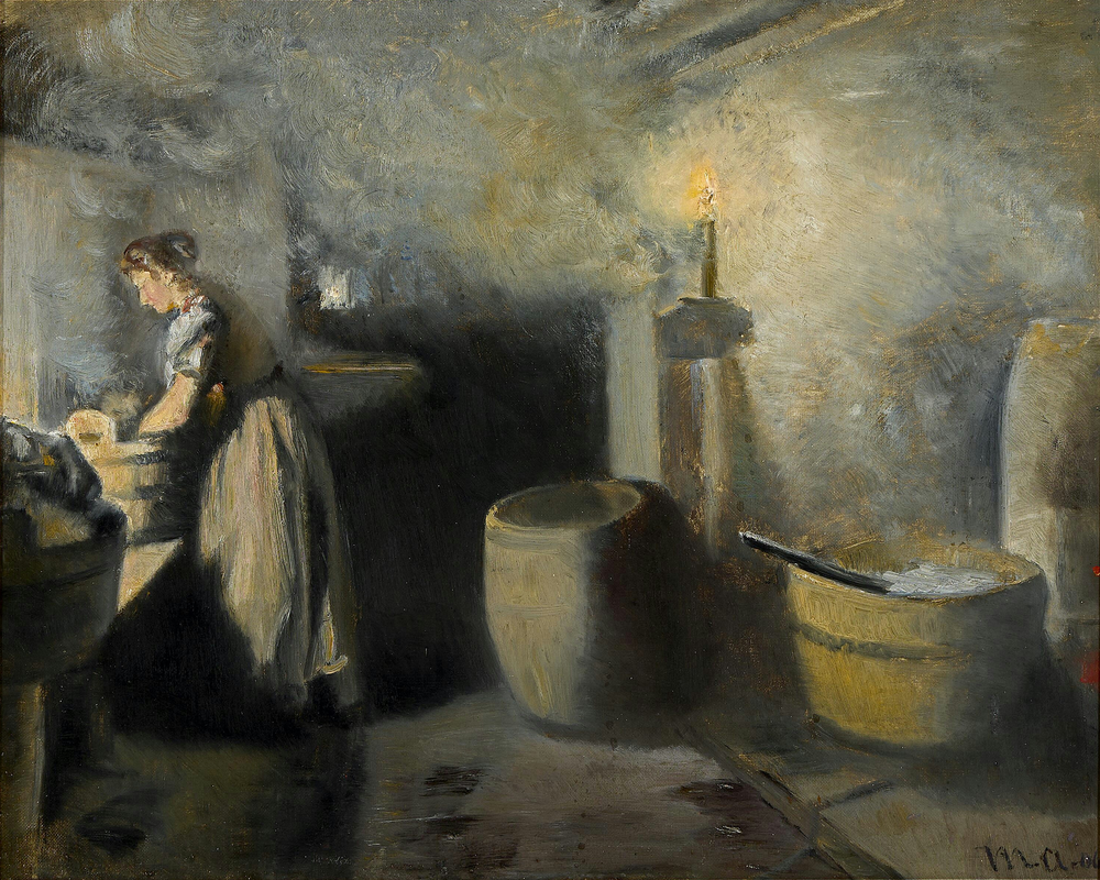 Un intérieur avec une femme lavant du linge à la lueur des bougies. - Michael Peter Ancher - Alpha Reproduction