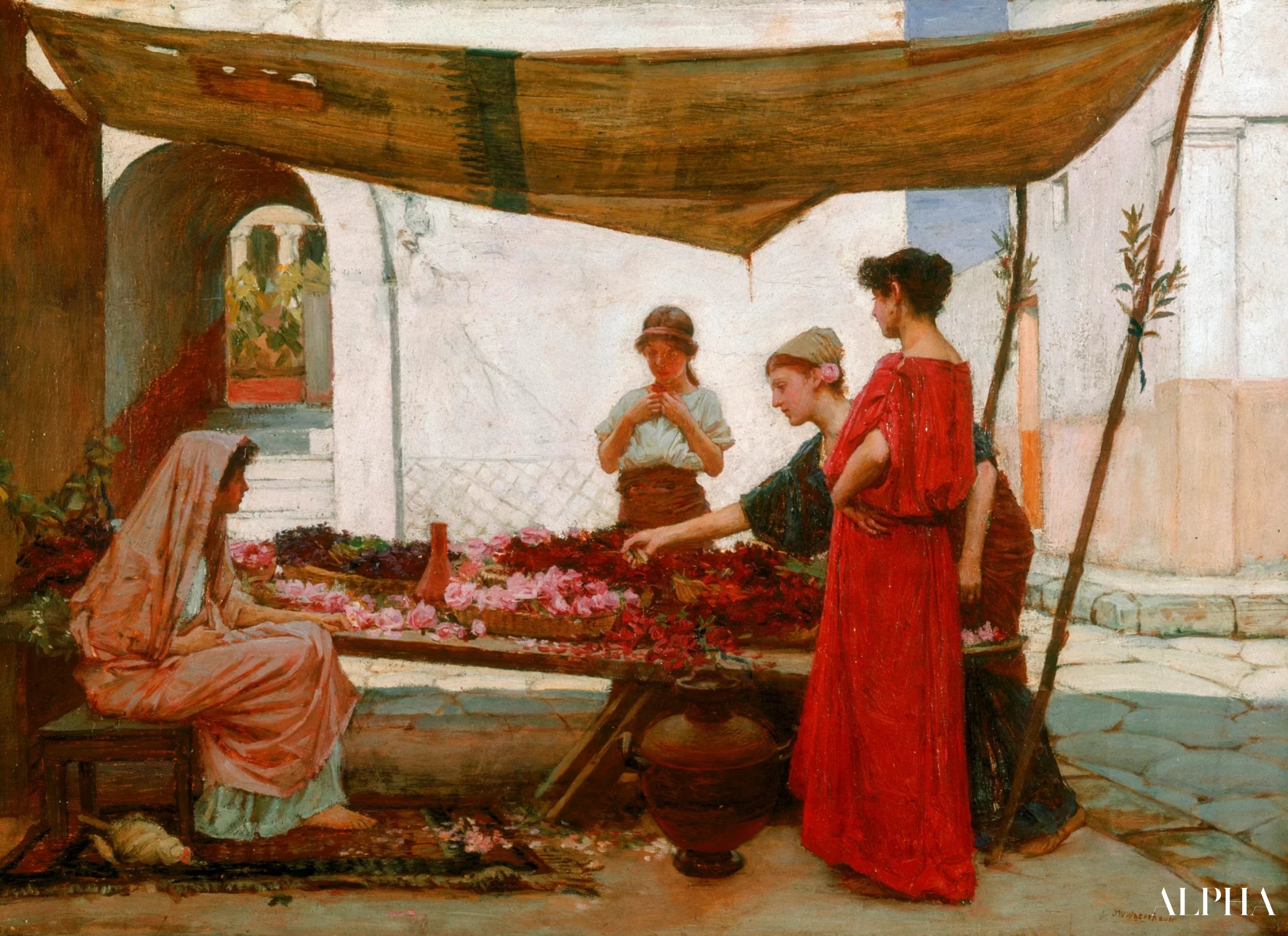 Reproduction du tableau « Un marché aux fleurs grec - John William Waterhouse » par Alpha Reproduction en peinture à l’huile