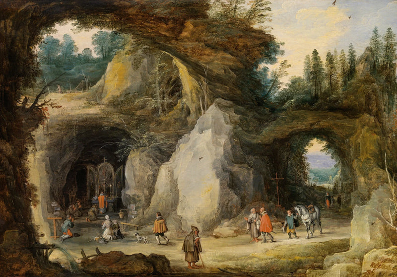 Un paysage montagneux avec des pèlerins dans une chapelle située dans une grotte - Jan Brueghel l'Ancien