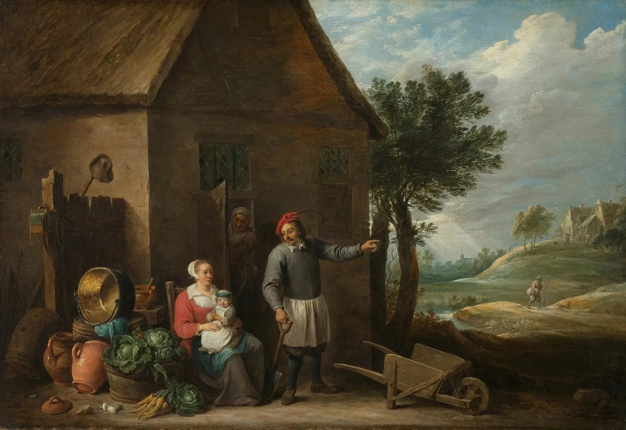 Un paysan avec sa femme et son enfant devant la ferme - David Teniers le Jeune image 1 copie peinte à la main à l’huile