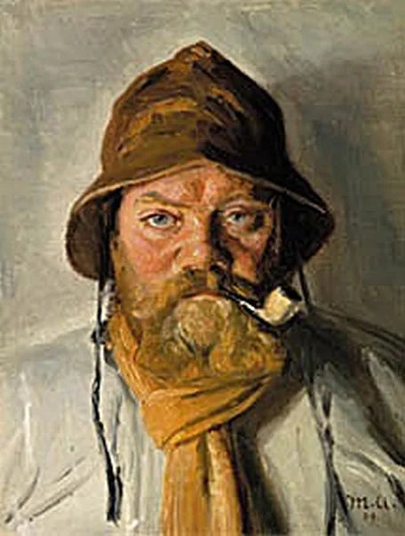 Un pêcheur de Skagen fumant la pipe et portant un ciré. - Michael Peter Ancher image 1 tableau peint à l’huile sur toile