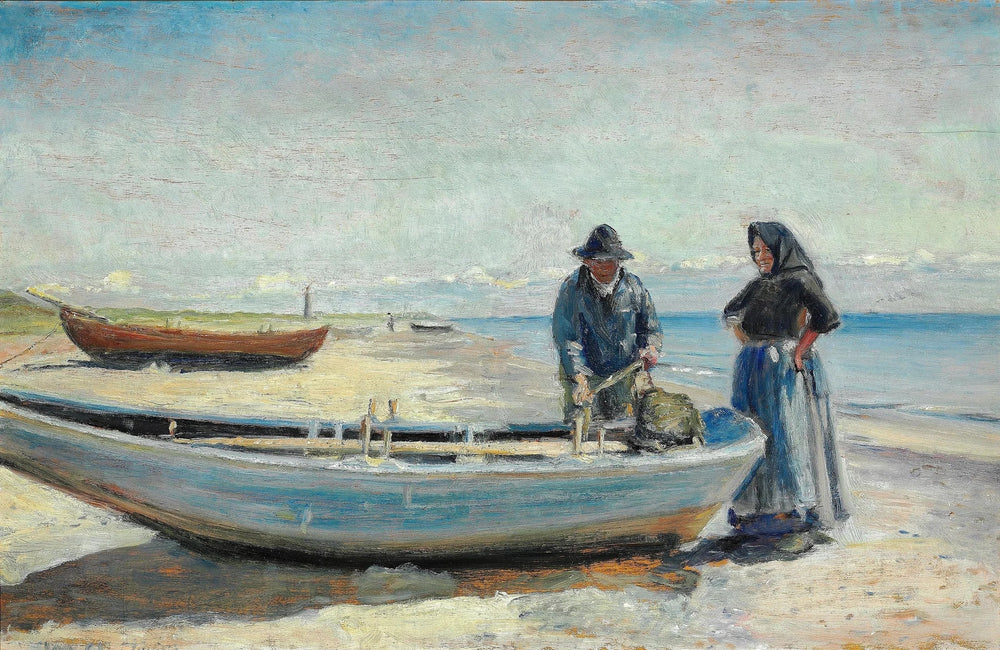 Un pêcheur et sa femme sur la plage de Skagen Sønderstrand, près d'un bateau. Un phare se profile à l'horizon. - Michael Peter Ancher image 1 reproduction réalisée par Alpha Reproduction