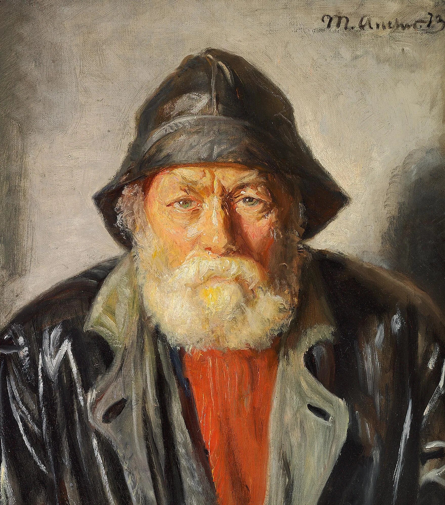 Un pêcheur portant un ciré et un manteau noirs, ainsi qu'un pull rouge. - Michael Peter Ancher image 1 copie peinte à la main à l’huile
