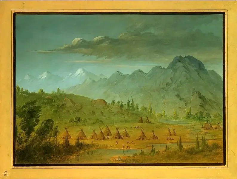Un village corbeau et les montagnes de la rivière Salmon - George Catlin image 1 copie peinte à la main à l’huile