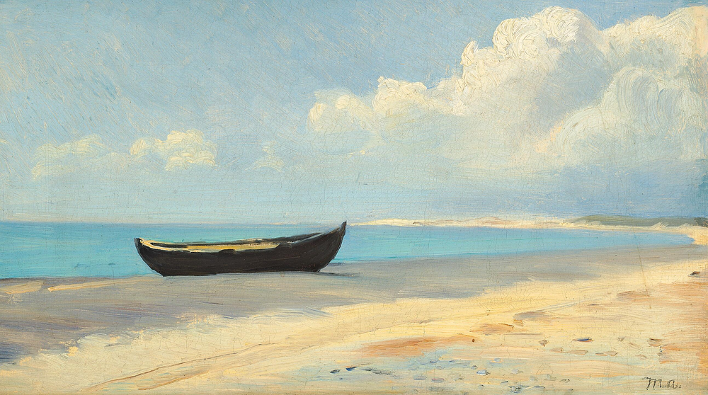 Une barque à rames sur la plage, à Skagen. - Michael Peter Ancher image 1 tableau peint à l’huile sur toile