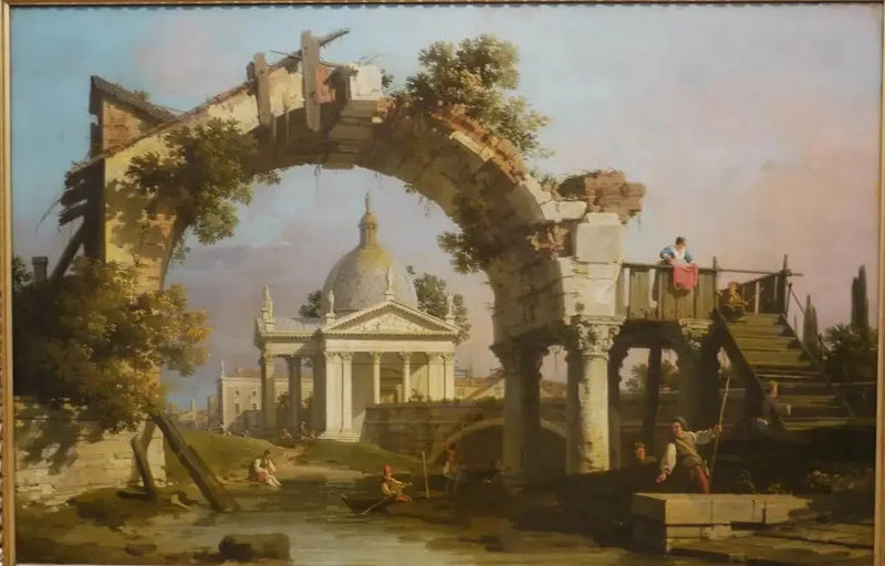 كنيسة على شكل قبة تُرى من خلال قوس في أنقاض - Canaletto