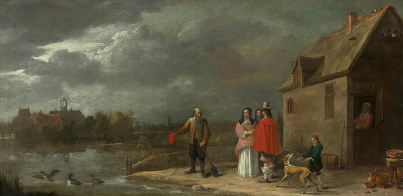 عائلة واقفة في منظر طبيعي مع منزل محاط بأحواض مائية في الخلفية - ديفيد تينيرز الشاب