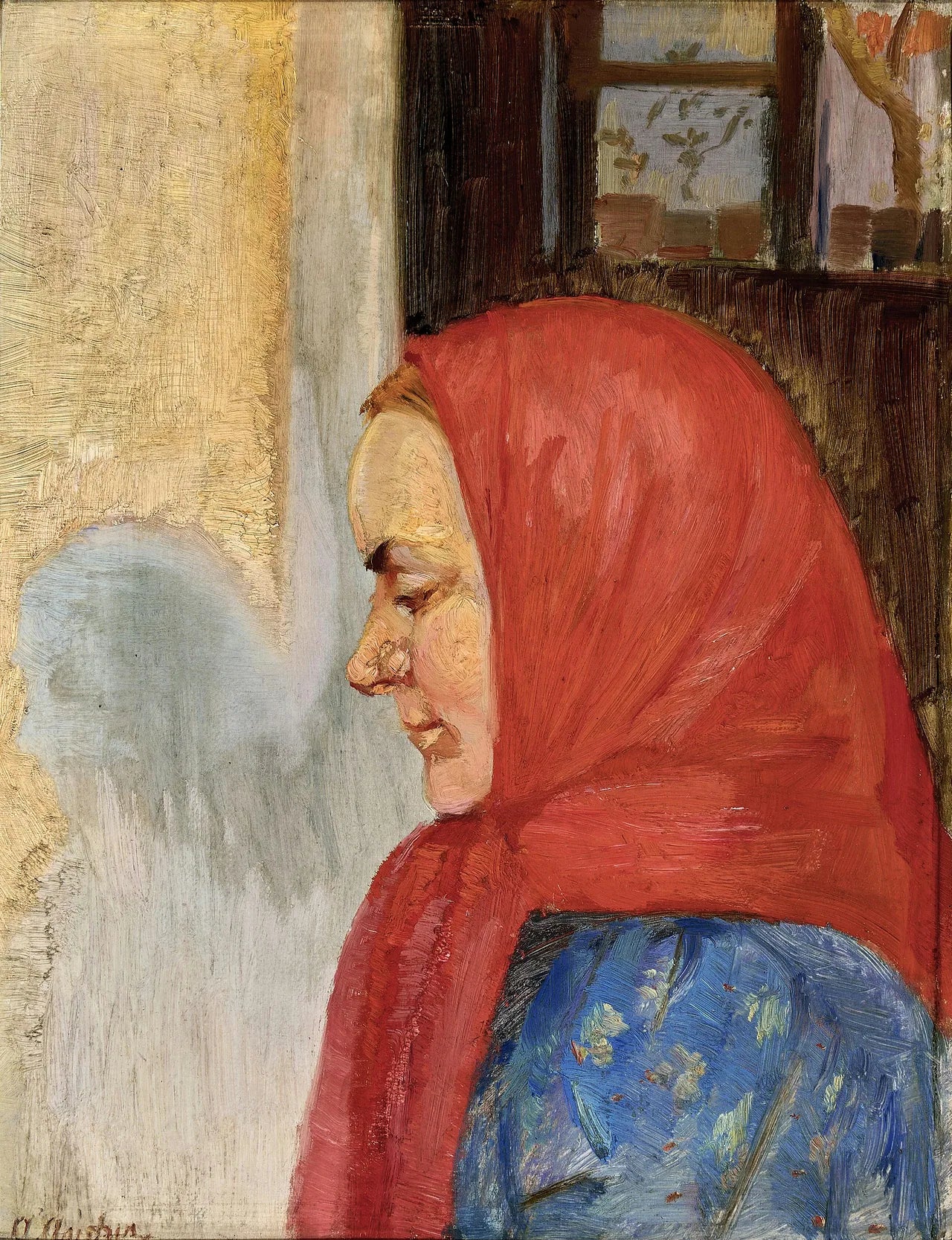 Une jeune femme de Skagen portant une écharpe rouge, vue de profil. - Anna Ancher image 1 copie peinte à la main à l’huile