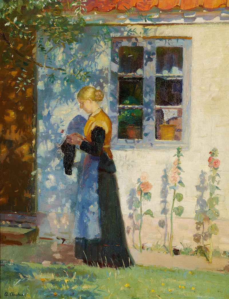Une jeune femme debout devant une maison à Skagen. - Anna Ancher