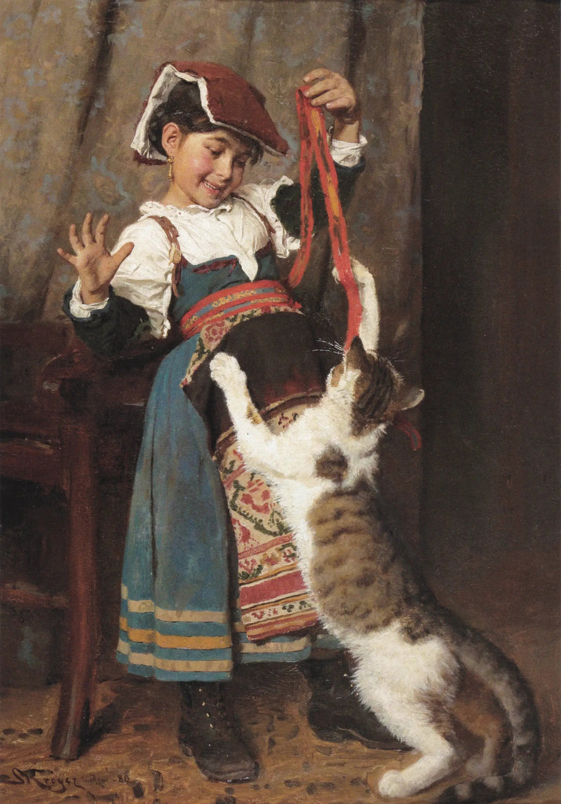 فتاة صغيرة ترتدي فستان ريفي، تلعب مع قط. - Peder Severin Krøyer