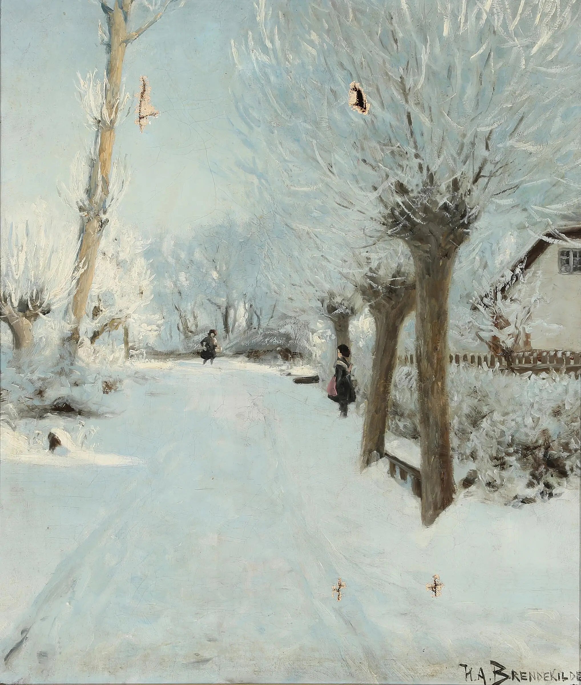 Une route ensoleillée et enneigée avec deux enfants. - H. A. Brendekilde image 1 tableau peint à l’huile sur toile