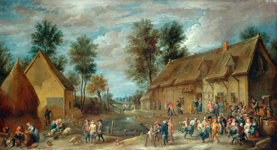 Une scène de village avec des paysans s'amusant devant une auberge - David Teniers le Jeune image 1 reproduction de peinture à l’huile